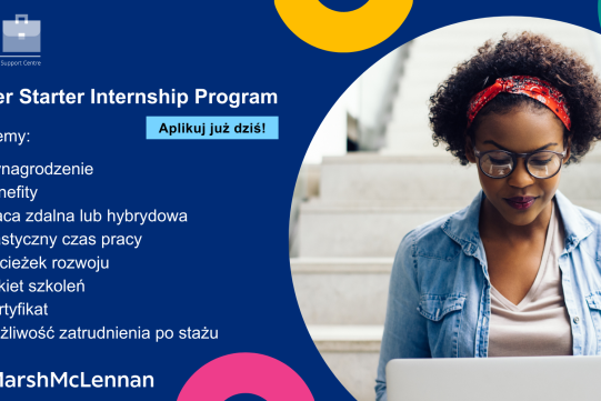 Na zdjęciu, po prawej stronie widoczna jest młoda dziewczyna wpatrująca się w przenosny komputer; po lewej stronie widoczne są informacje dotyczące programu stażowego