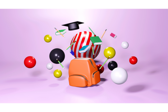 Renderowanie 3D przyborów szkolnych unoszących się z tornistra wśród kolorowych kulek i czapki ukończenia szkoły, książki na różowym tle.