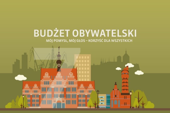 Rysunkowa grafika Politechniki Gdańskiej na zielonym tle. Biały napis Budżet Obywatelski i hasło inicjatywy