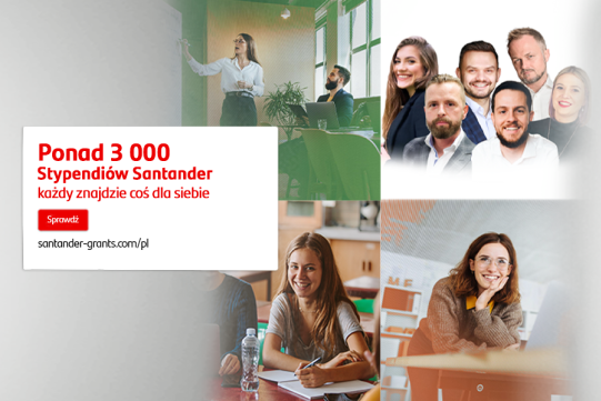 grafika do stypendiów Santander - na zdjęciach uśmiechnięci młodzi ludzie