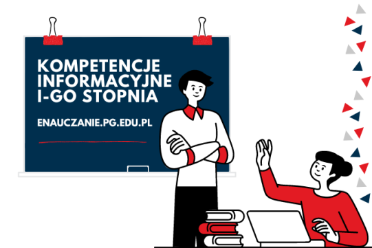 napis Kompetencje informacyjne I-go stopnia i obrazek nauczyciela i ucznia w szkolnej ławce