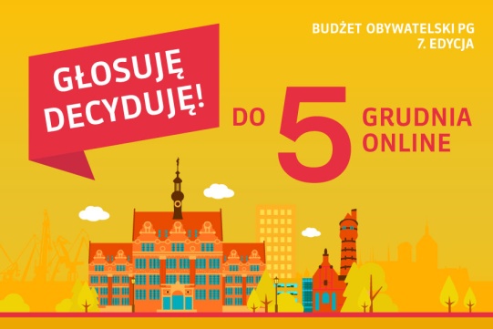 Na pomarańczowym tle grafika informująca o głosowaniu w Budżecie Obywatelskim PG
