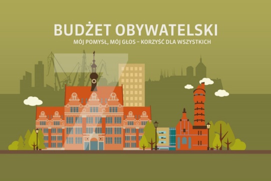 Na zielonym tle graficzna panorama PG i napis Budżet Obywatelski