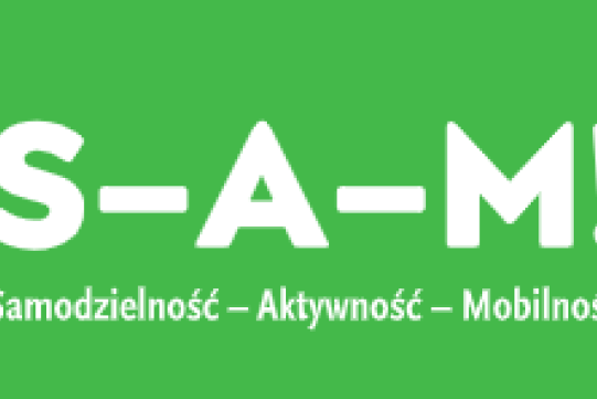 Grafika promująca program. Napis  „Samodzielność-Aktywność-Mobilność” na zielonym tle. 