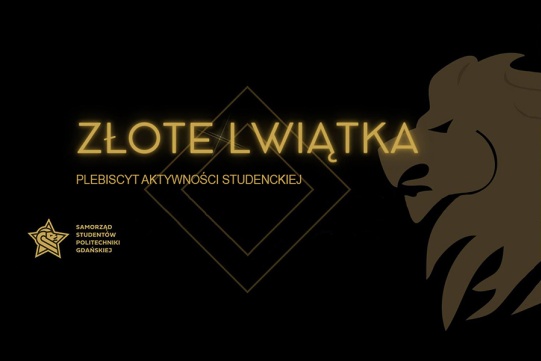 Na czarnym tle złoty napis "Złote Lwiątka". Po prawej stronie złoty kontur głowy lwa.