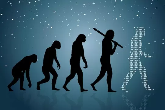 czarne kształty postaci przedstawiające drogę ewolucji od małpy do człowieka