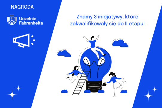 Niebiesko-biała grafika na obrazku 3 rysunkowe postaci - jedna siedzi na dużej żarówce, jedna stoi przy żarówce na drabinie, jedna podlewa konewką drabinę.