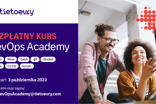 Na plakacie, po lewej stronie zamieszczone są informacje na temat kursu, a po prawej stronie widoczna jest siedząca kobieta i stojący na nią mężczyzna 