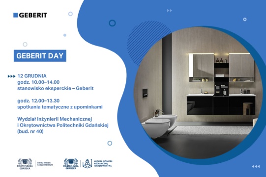Na plakacie widoczne jest zdjęcie łaienki z akcesoriami, które ma w swojej ofercie firma Geberit oraz znajdują sie indoemacje dotyczące spotkania.