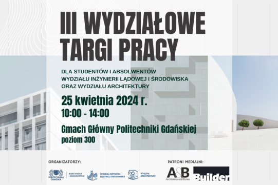 Na plakcie, na biało-szaro-błekitnym tle widac zarysy budynków oraz informacje dotyczące targów pracy