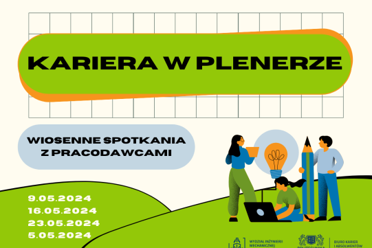 Na plakacie widoczny jest na zielonym tle napis Kariera w plenerfze oraz młode osoby spędzajace czas na trawie