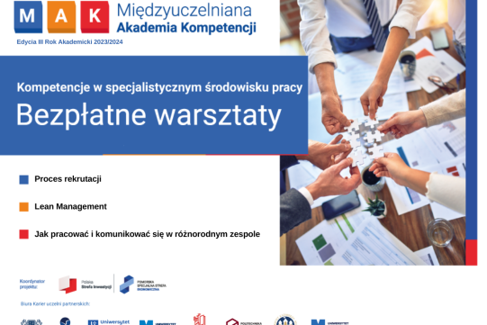 Na plakacie, na biało-niebieskim tle wioczne jest zdjęcie z dłońmi, które trzymaja puzzle nad stołem