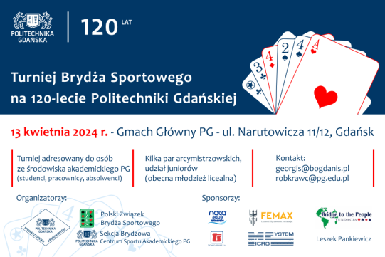 Na plakacie, na biało-granatowym tle widoczna jest talia rozłożonych kart oraz informacje na tematturnieju