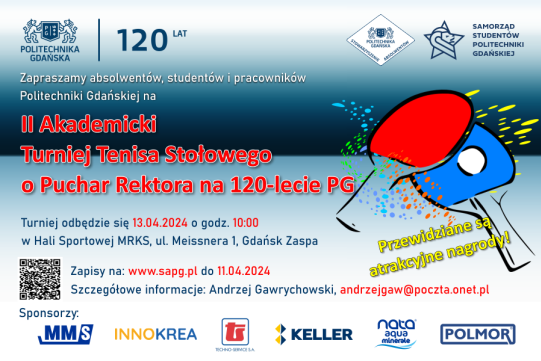 Na plakacie widoczne są czerwono-niebieskie rakietki do tenisa stołowego wraz z informacją na temat turnieju 