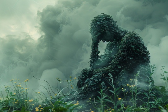 Sad person, cloudy sky in the background.