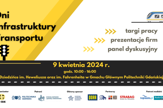 Na biało żółtym tle widoczna jest nazwa wydarzenia oraz pociąg i światła drogowe