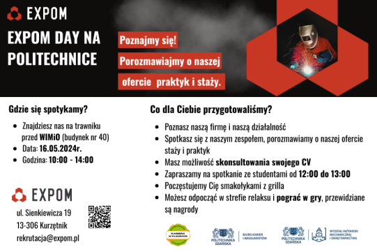 Na plakacie na biało-czarnym tle widoczny jest spawacz w masc ora zinformacje na temat spotkania z firmą EXPOM