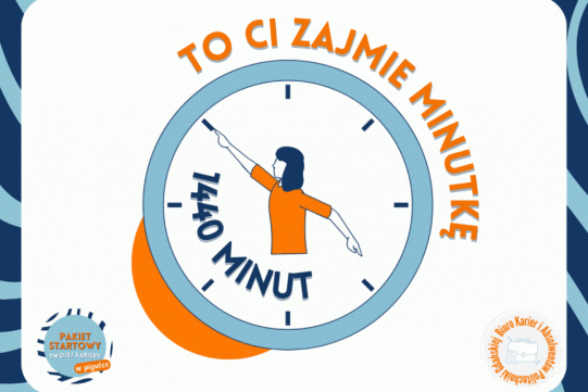 Na obrazku widoczna jest rysunkowa postać młodej osoby wskazująca na tarczę zegara