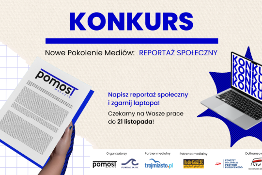 Na zdjęciu widoczna jest informacja o konkursie, laptop oraz gazeta