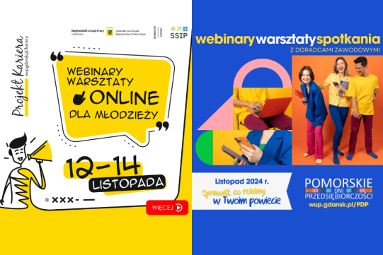 Na plakacie widoczna jest nazwa Pomorski dzień Przedsiębiorczości oraz trzy młode i uśmiechnięte osoby , ubrane na kolorowo.