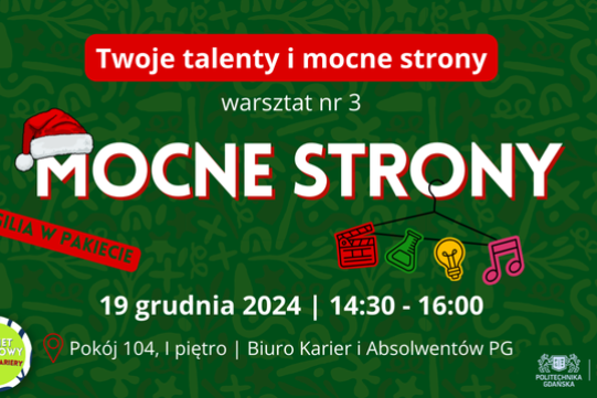 Na zielonym tle znajduje się tytuł warsztatu, mikołajek i bombki