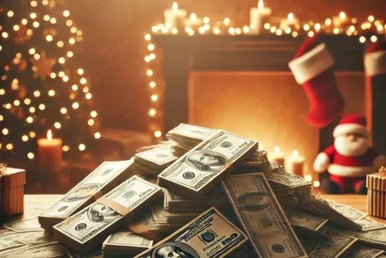Góra banknotów i choinka w tle.