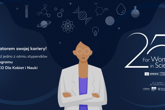 Na granatowym tle znajduje się kobieta w białym fartuchu i informacja o programie