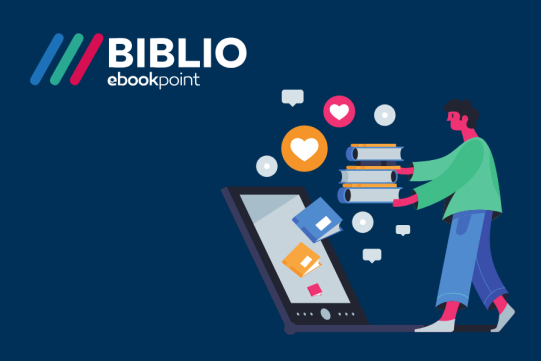 plakat dla BIBLIO ebookpoint. Widoczna jest postać a obok książki oraz komputer