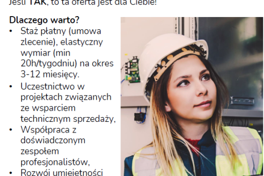 Na zdjęciu kobieta w kasku oraz informacja o programie