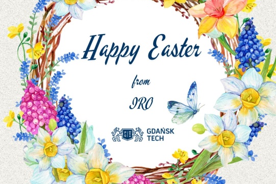 Easter card in watercolor style with a floral wreath and the inscription 'Happy Easter' centered.