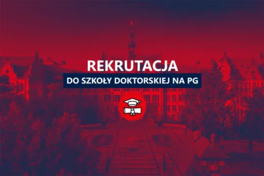 Na czerwonym tle widoczny jest Gmach Główny Politechniki Gdańskiej 