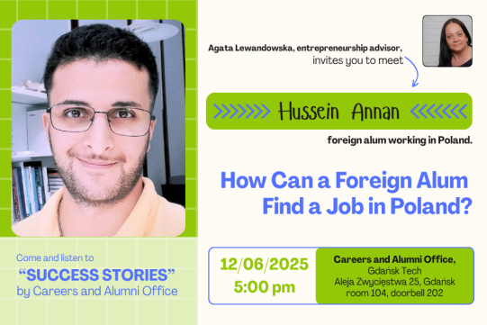 The poster, in green and white, shows a photo of a graduate and a photo of an entrepreneurial advisor, as well as information about the meeting