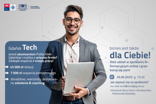 Na szaro-niebieskim tle widoczny jest młody, uśmiechnięty człowiek oraz informacja na temat spotkania informacyjnego 