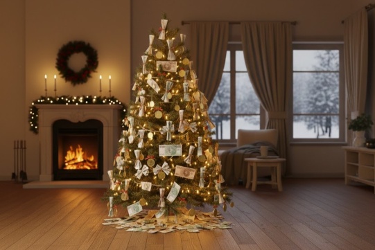 Christmas tree with banknotes instead of the balls