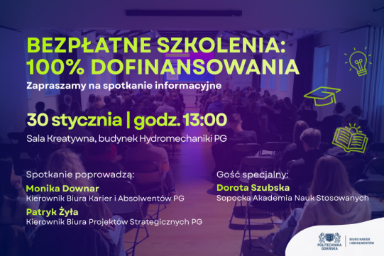 Na fioletowym tle widoczne jest zdjęcie z ostatniego spotkania dotyczącego bezpłatnych szkoleń, któe odbyło sie w sali kreatywnej budynku Hydromechaniki oraz tytuł, data i miejsce obecnie planowanego spotkania