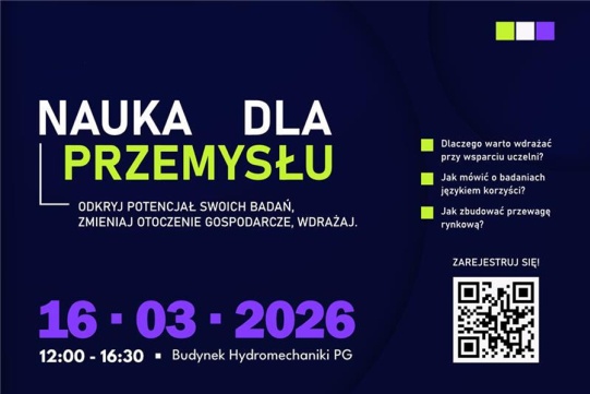 grafika wydarzenia, ciemne tło, jasny napis nauka dla przemysłu