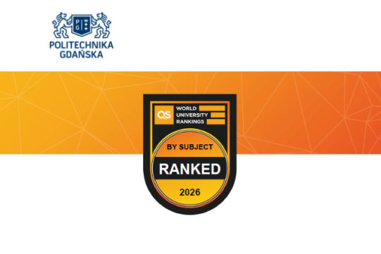 Logo Politechniki Gdańskiej i odznaka QS by Subject 2026
