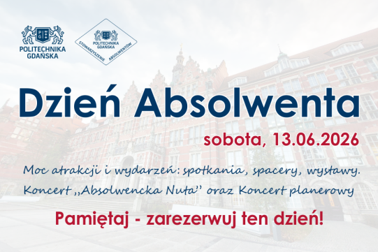 na jasnym, szarym tle widoczny jest granatowy napis Dzień Absolwenta z granatowymi logotypami Politechniki Gdańskiej i Stowarzyszenia Absolwentów PG oraz czerwona data zjazdu 13 czerwca 2026