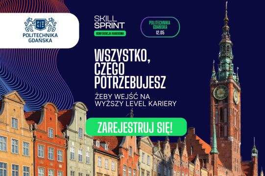 na granatowym tle widoczne sa kamienice Gdańska wraz z wieżą kościelną oraz nazwa SKILL SPRINT w kolorze białym wraz z datą i miejscem konferencji