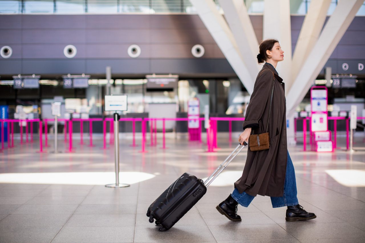 the photo shows a woman with a suitcase at the airport