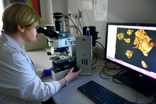 woman using a microscope in a laboratory