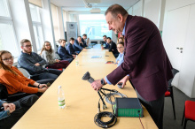 Prof. Andrzej Czyżewski presents to journalists of local and national media a prototype system for monitoring the operation of wind turbines. Photo Dawid Linkowski / Gdańsk University of Technology