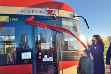 The ceremony of giving the new Gdańsk tram the name of prof. Jerzy Doerffer. Photo Krzysztof Krzempek / Gdańsk University of Technology