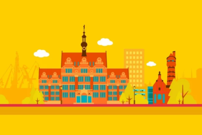 Rysunek przedstawiający budynek politechniki na żółtym tle.