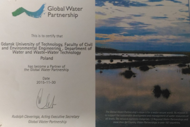 certyfikat świadczący o włączeniu Katedry Technologii Wody i Ścieków jako partnera do Global Water Partnership