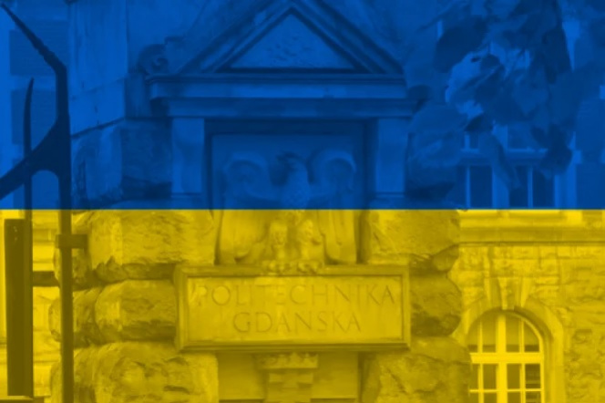 flaga ukrainy wpleciona w budynek
